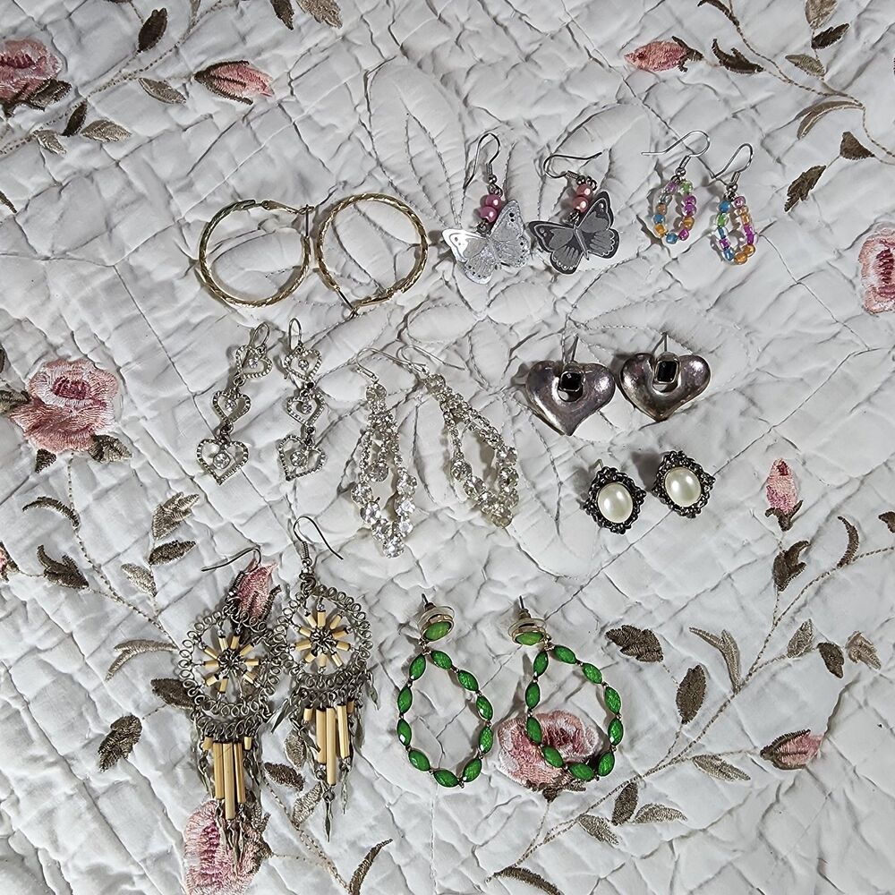 Vintage To Now Costume Earring Lot 9 Pairs Boho Rhinestone Hoop Pearl Dangle